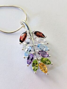 Sterling Silver Leaf Design Genuine Marquis Multi-Gemstone Pendant Necklace